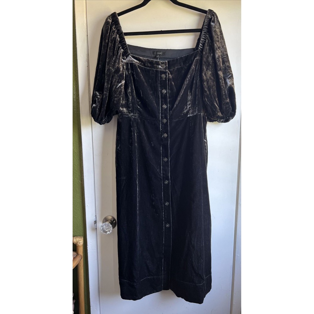 NWT J Crew women Puff Sleeve square neck velvet dress button front goth Cottage